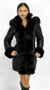 Glacier PU Puffer Fur Jacket - Black